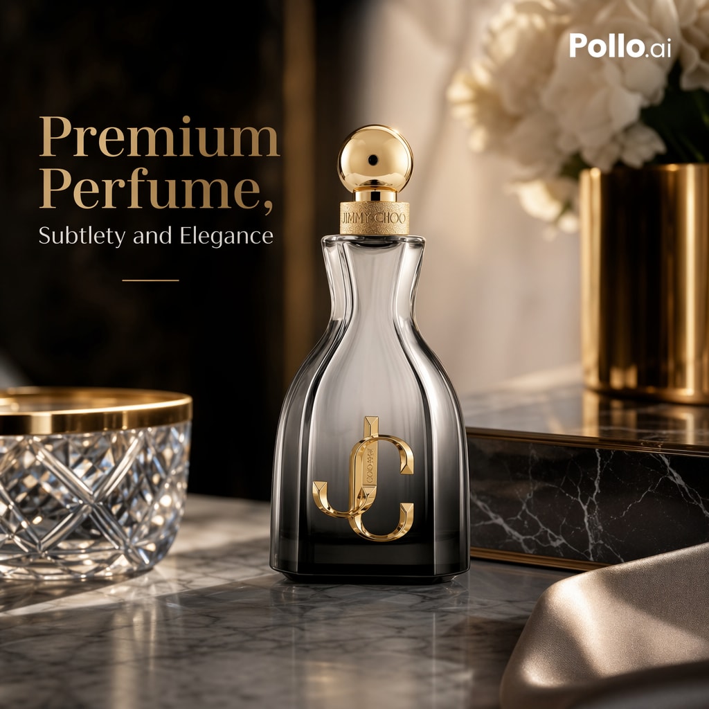 Luxury Perfume Ad on Marble Vanity — example output