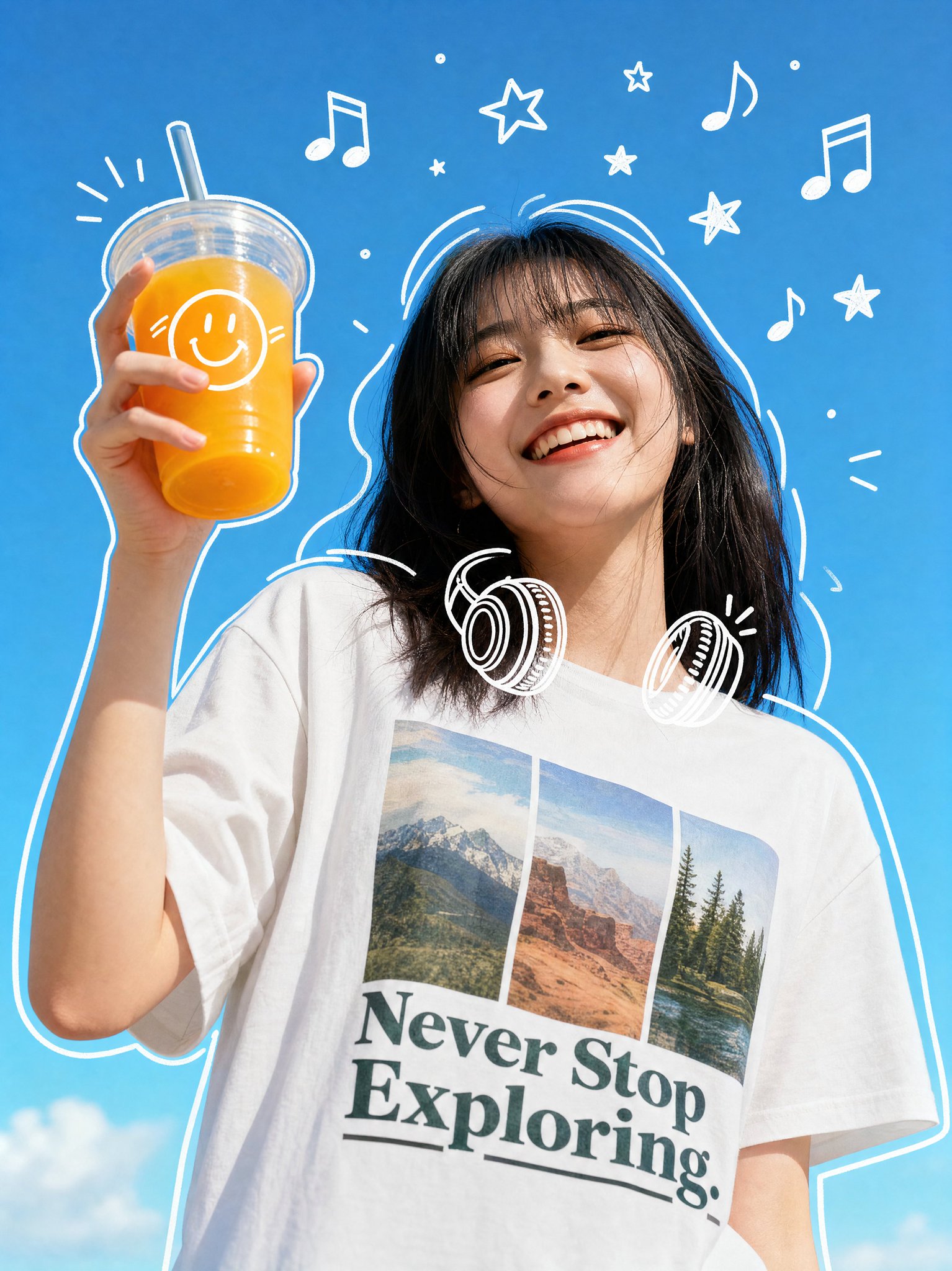 Joyful Street Portrait with Drink — example output