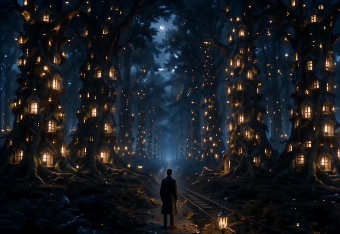 Midnight Forest With Glowing Windows — example output