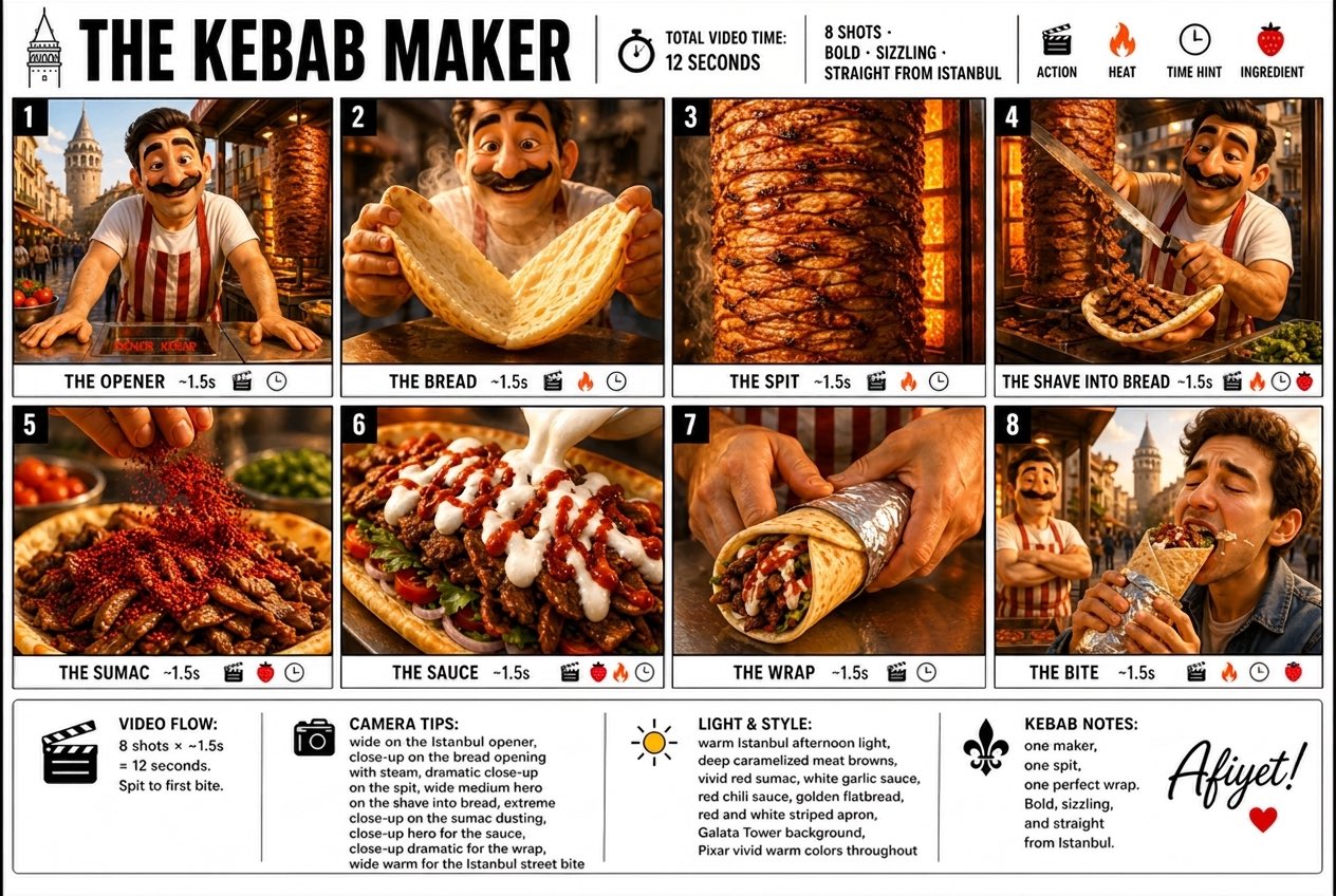 Pixar 3D Kebab Maker Storyboard Poster — example output