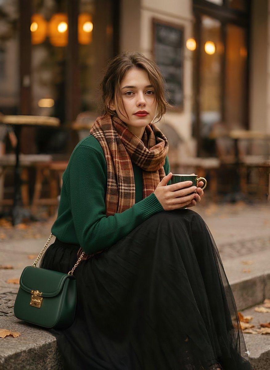 1970s Aesthetic Fashion Portrait with Coffee Cup — example output