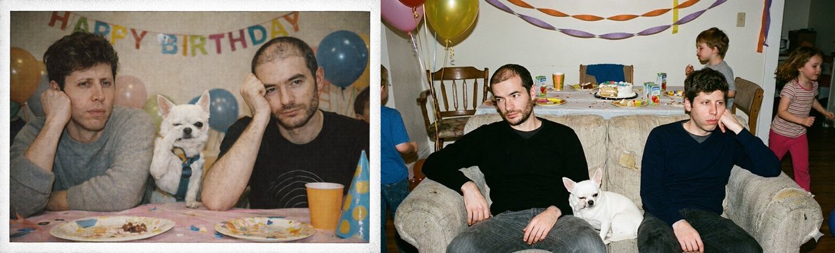 2000s Film Camera Photo of Sam, Ilya, and a Dog — example output