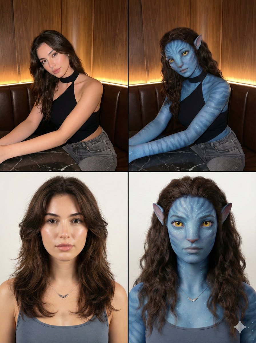 2x2 Grid Human-to-Na'vi Transformation Prompt — example output