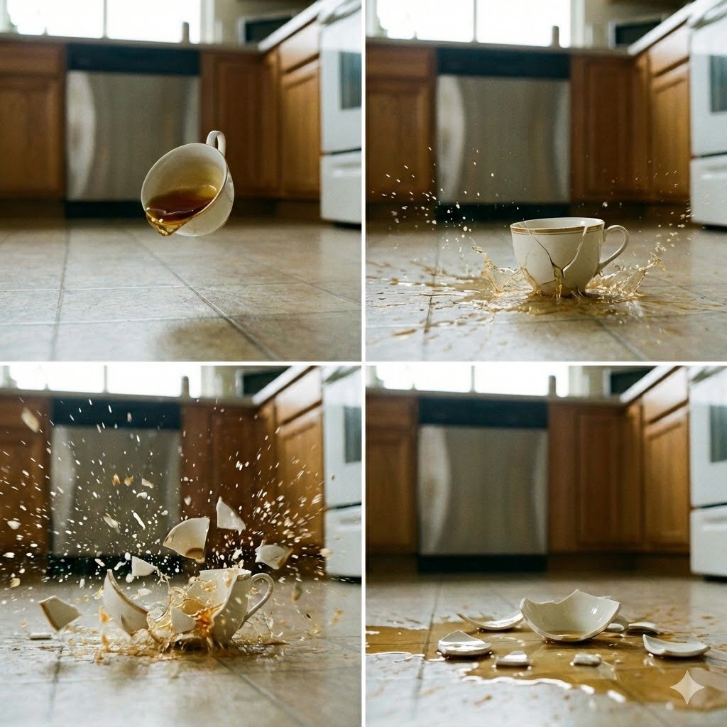 4-Panel Image of a Falling and Breaking Teacup — example output