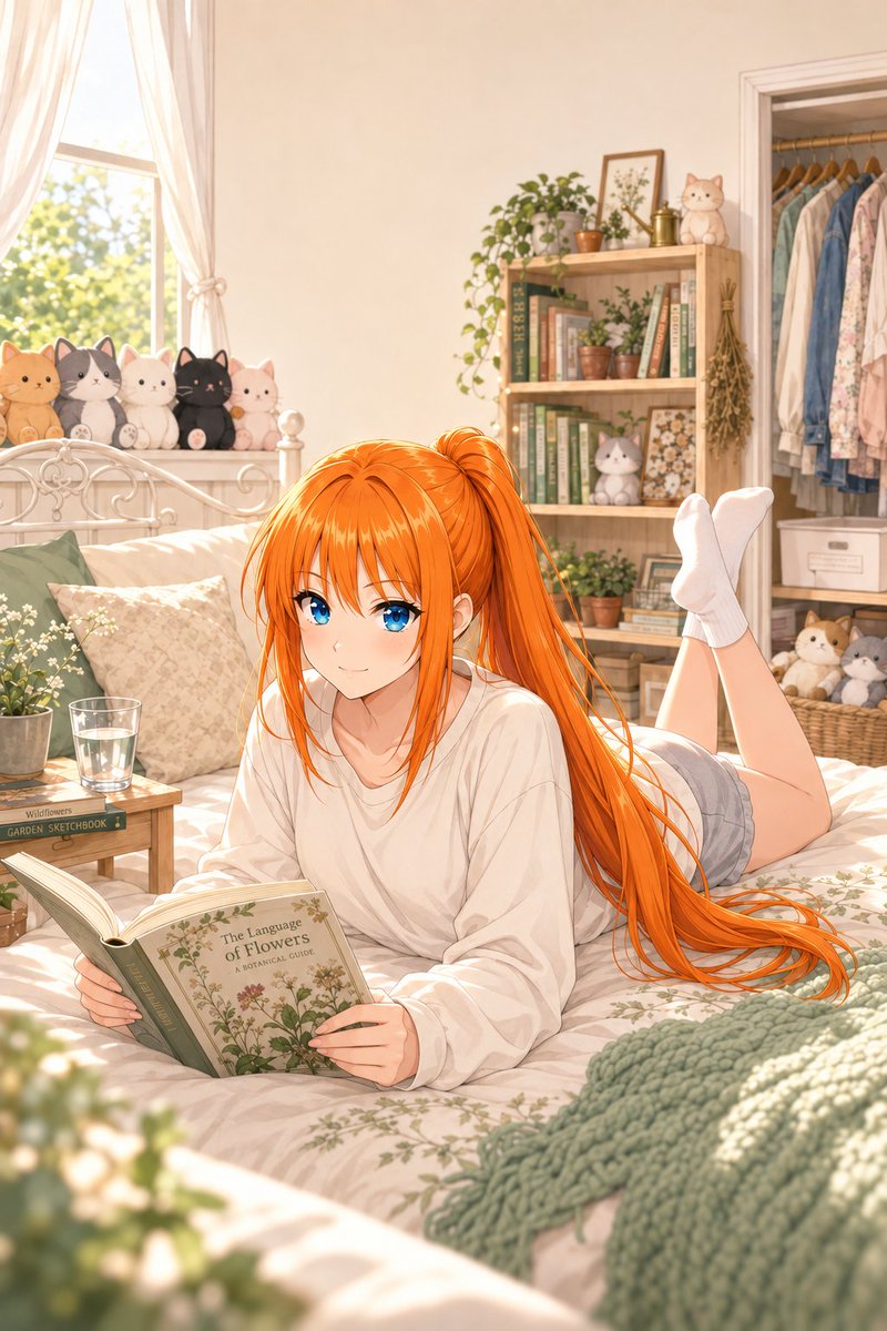 Sunlit Anime Bedroom Reading Scene — example output
