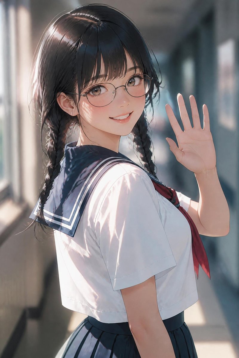Waving Schoolgirl in Sunlit Hallway — example output