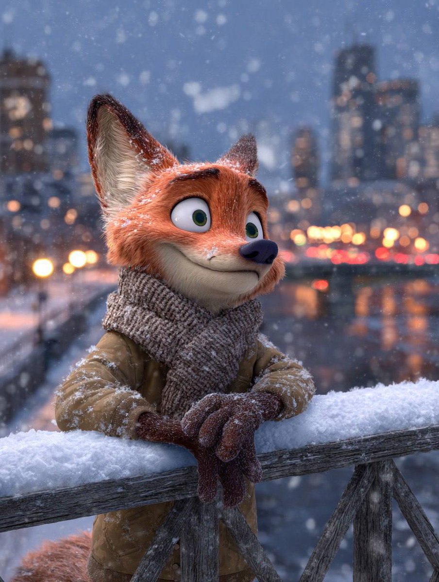 Anthropomorphic Fox Character in Winter Scene — example output