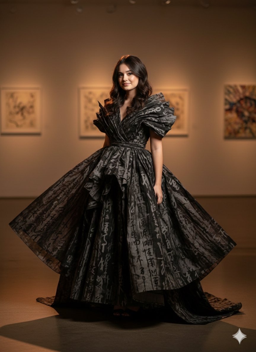 Art-Couture Cinematic Portrait (Calligraphy Fabric) — example output