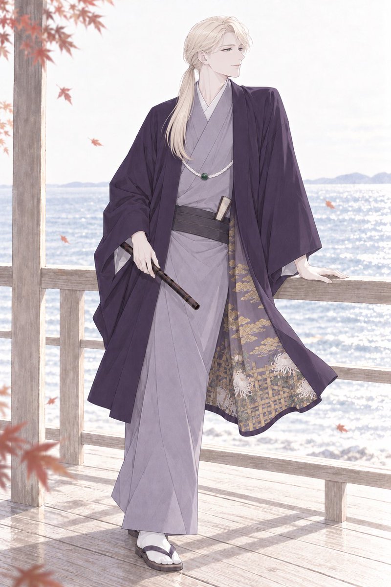 Elegant Autumn Kimono Man by the Sea — example output