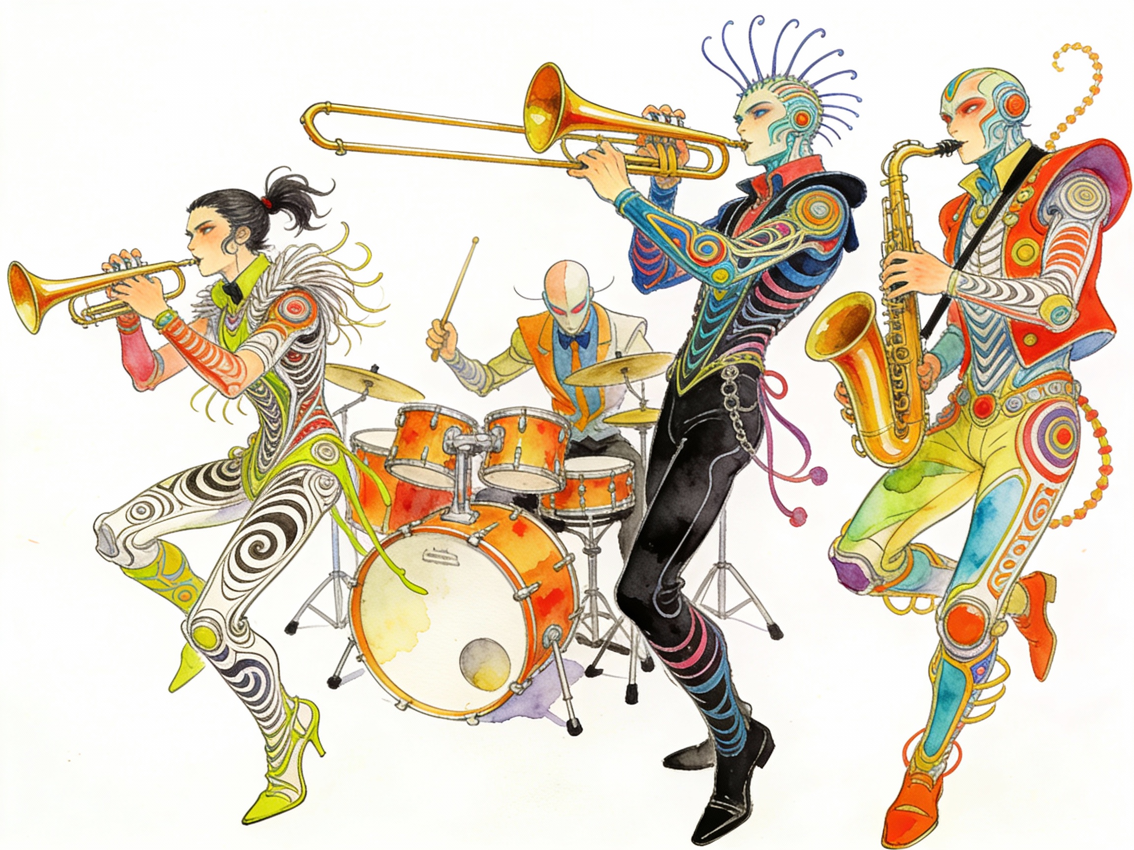 Band Illustration in a Hybrid Style of Moebius and Kim… — example output