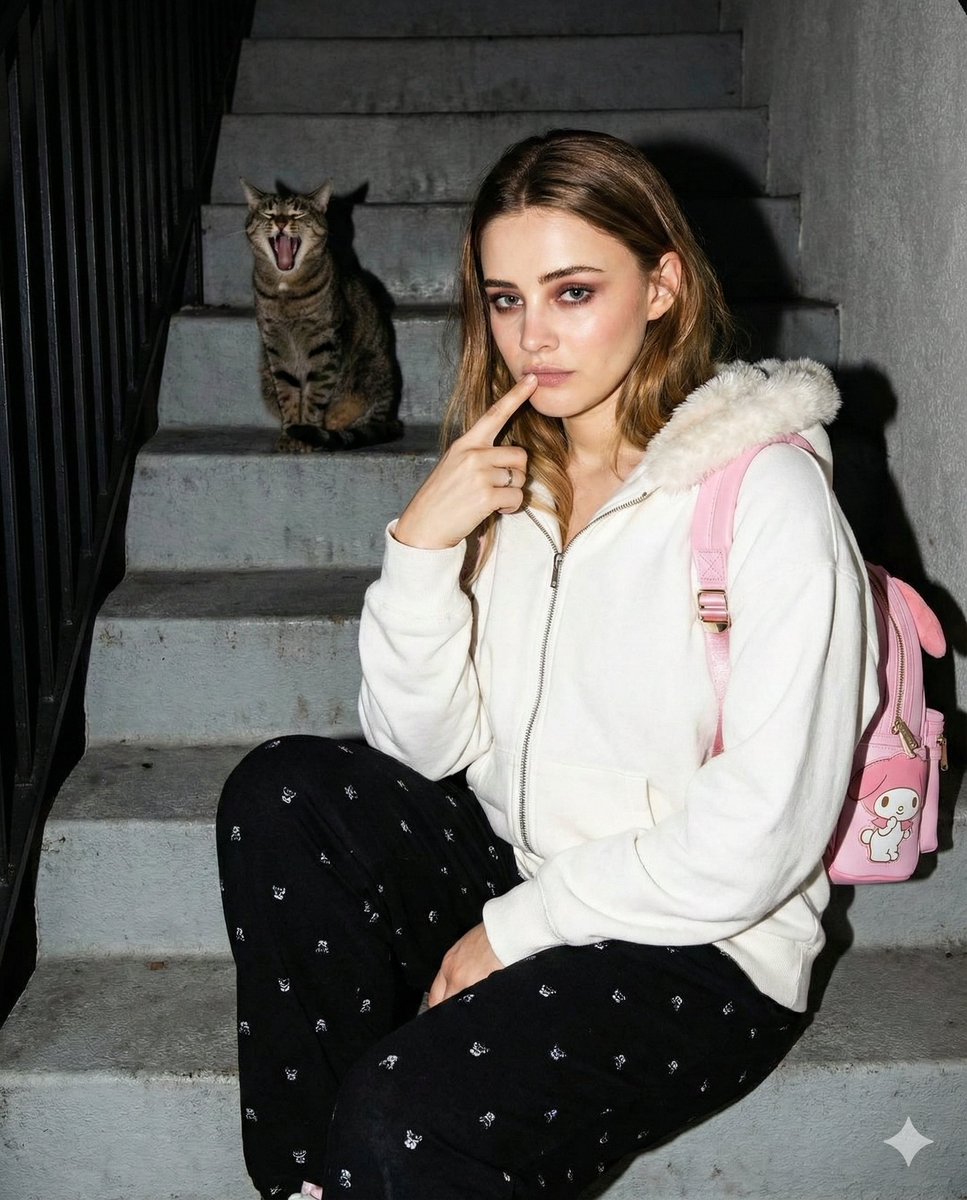 Candid Gen Z Street Style Photo with Hidden Cat — example output
