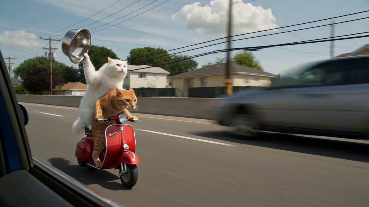 Cats Chasing via Red Mini Motorcycle — example output