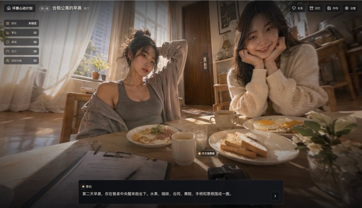 Cinematic Breakfast Dating Sim UI — example output