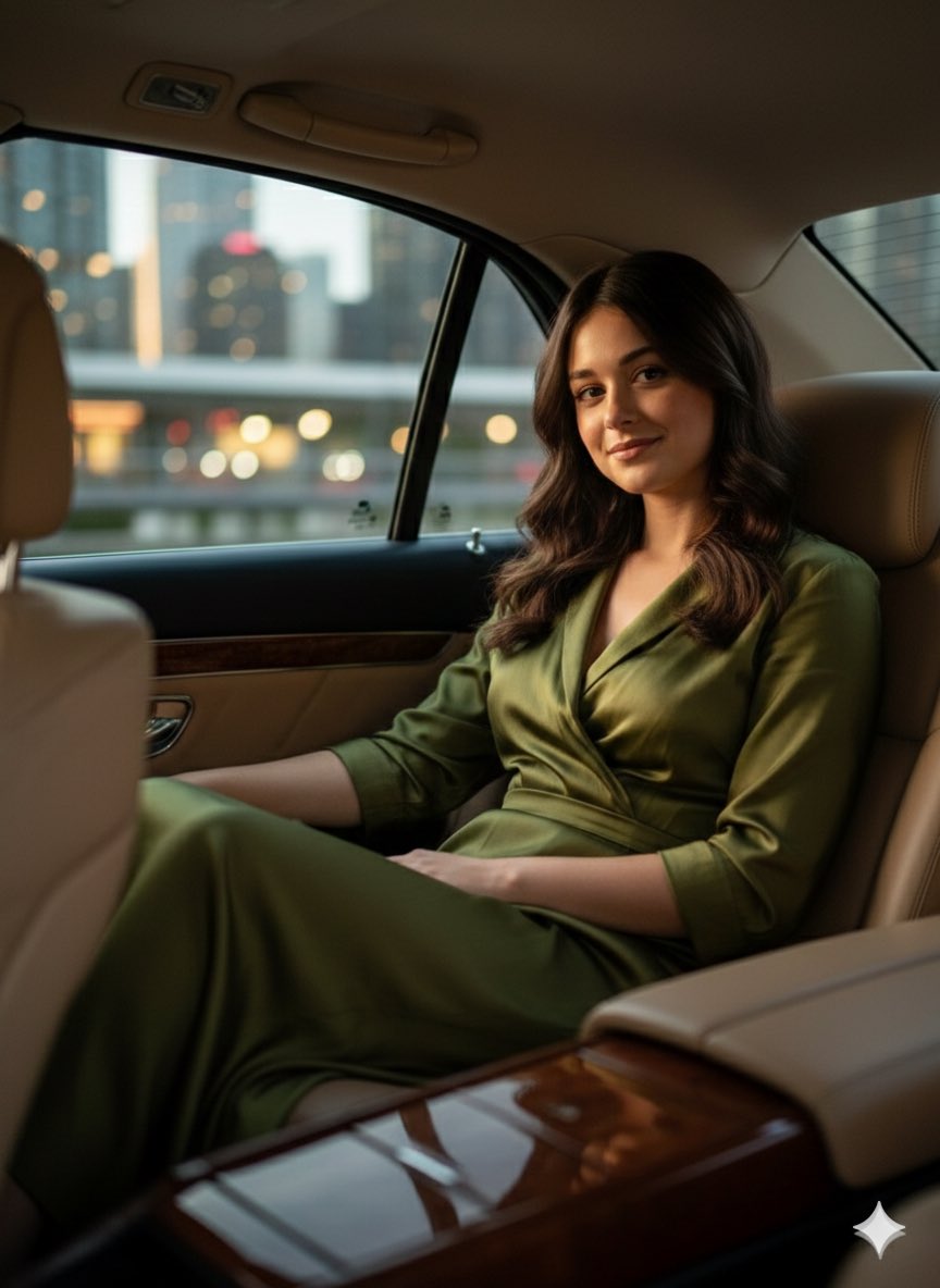 Cinematic fashion portrait in a luxury car interior — example output