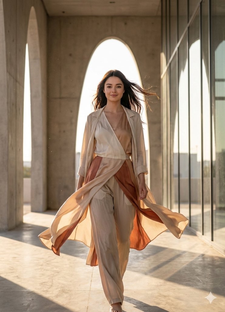 Cinematic Fashion Portrait with Flowing Fabric — example output