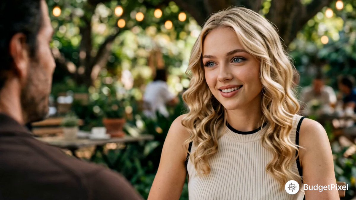 Cinematic First Date in Garden Cafe — example output