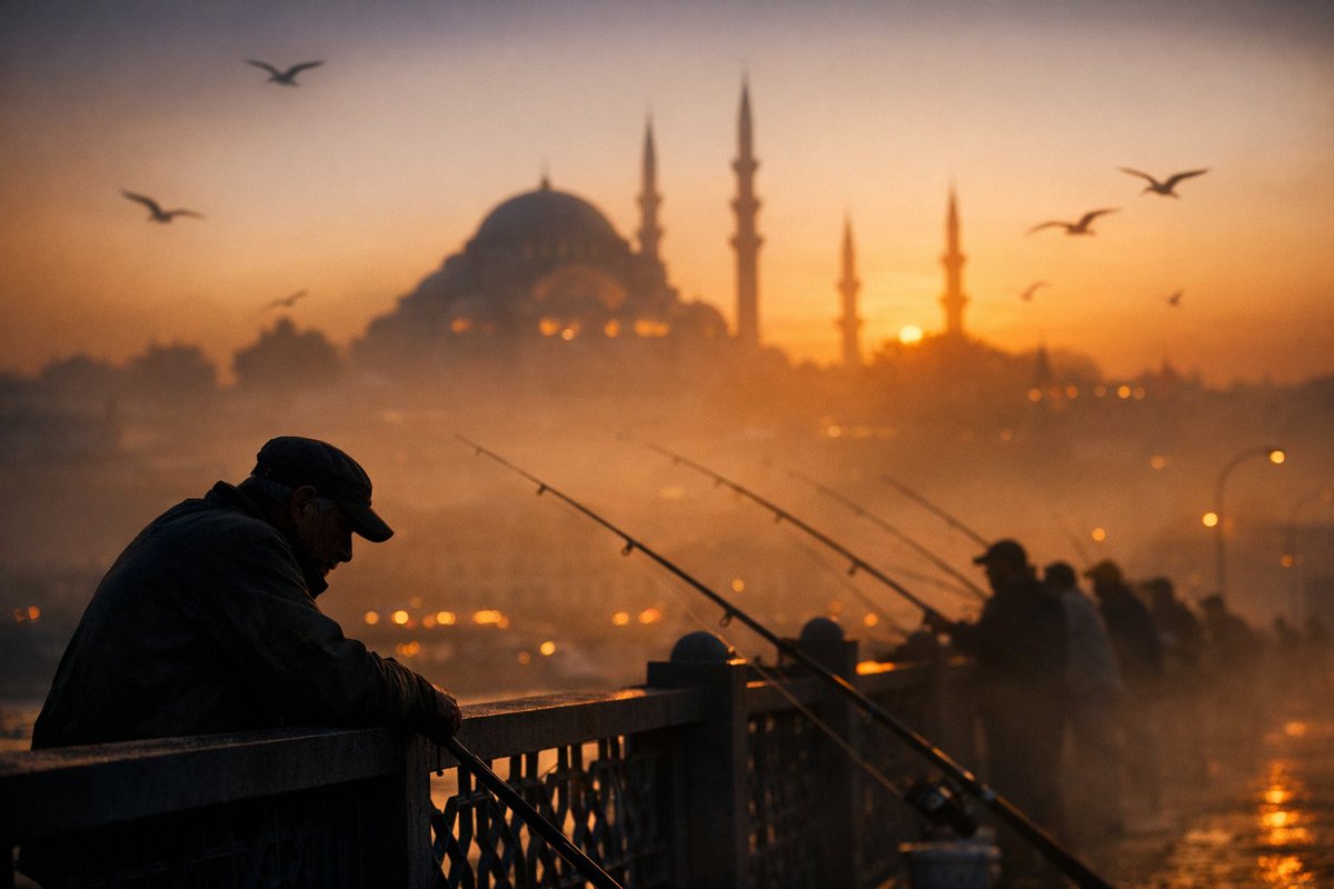 Cinematic Silhouette of Fishermen on Galata Bridge — example output