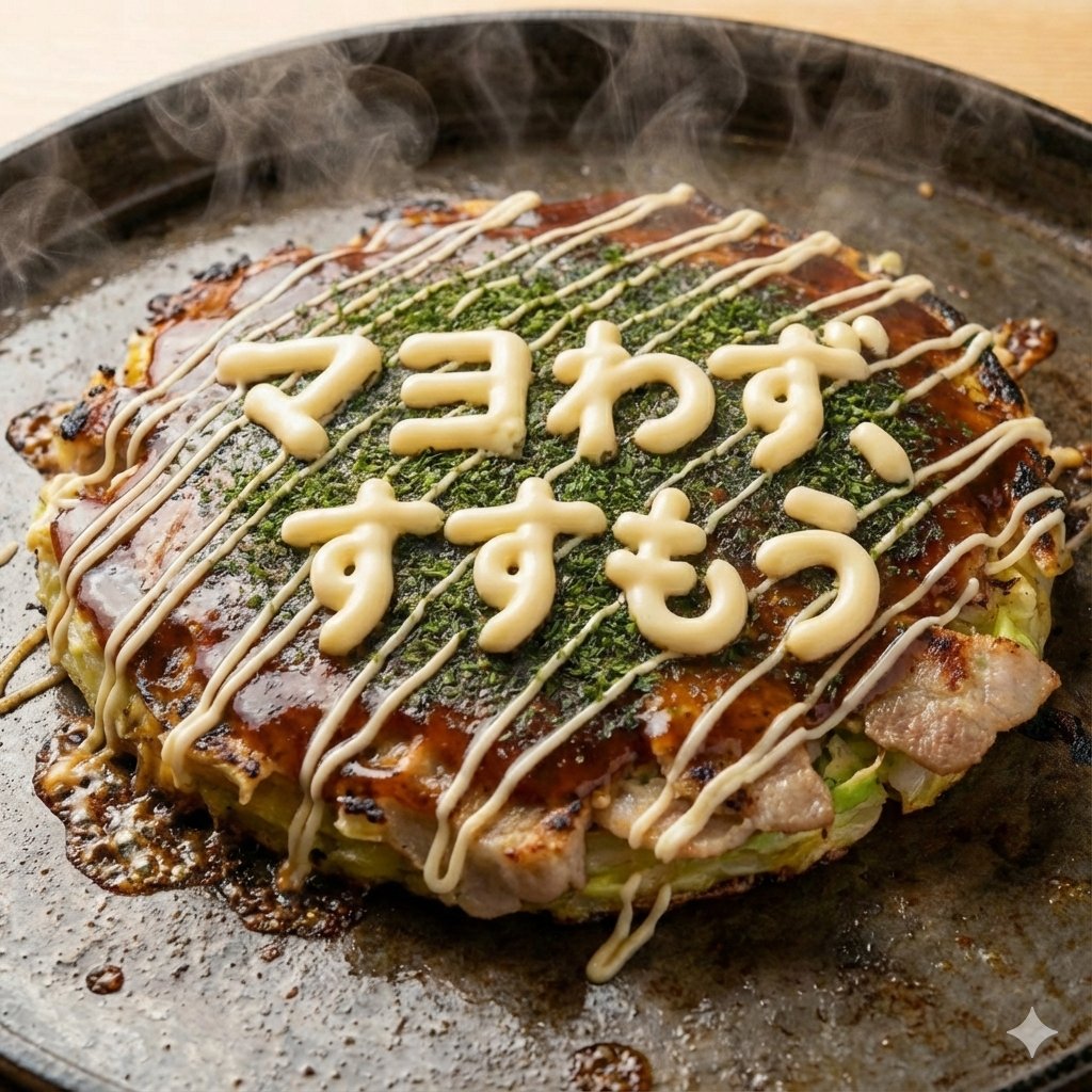 Close-up 1:1 image of hot okonomiyaki — example output