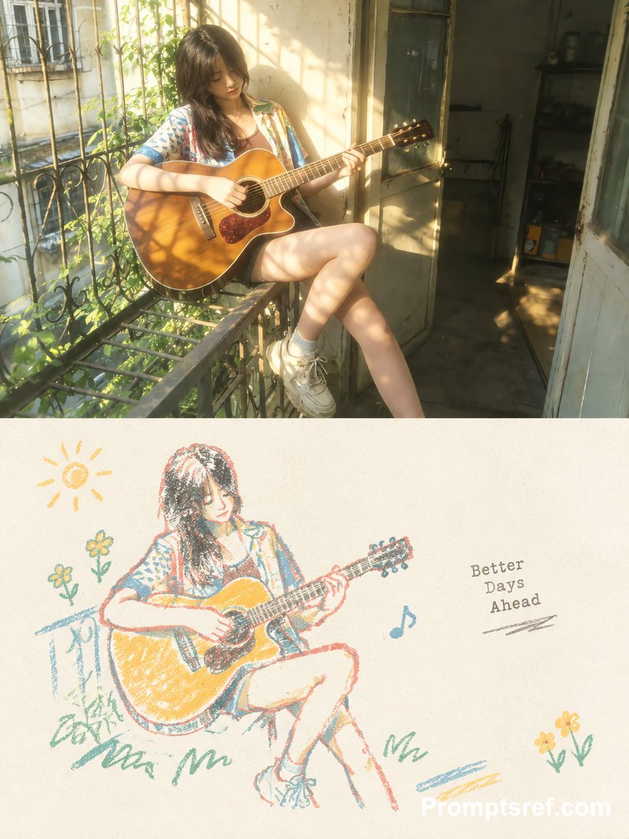 Photo to Cozy Crayon Drawing Comparison — example output