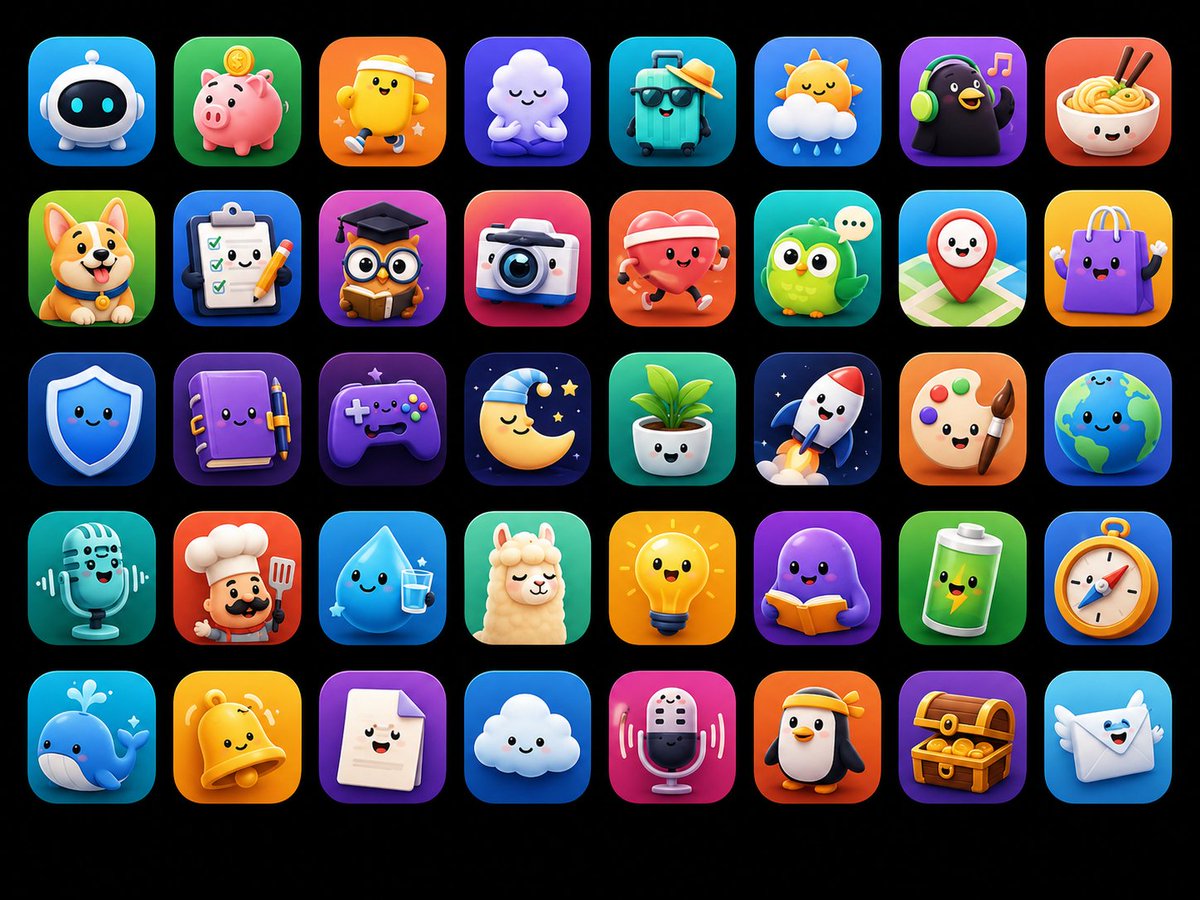 Cute 3D App Mascot Icon Grid — example output