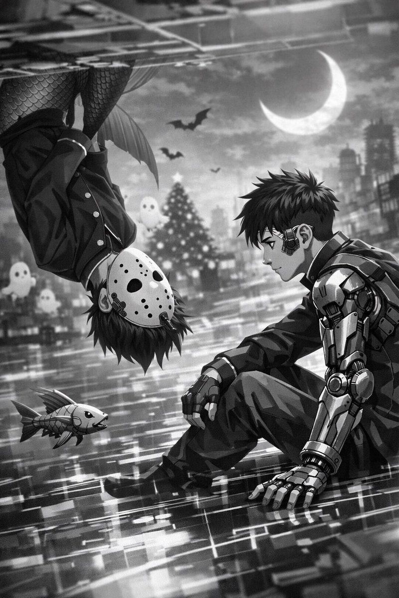 Cyborg and Mermaid Schoolboy Encounter Prompt — example output