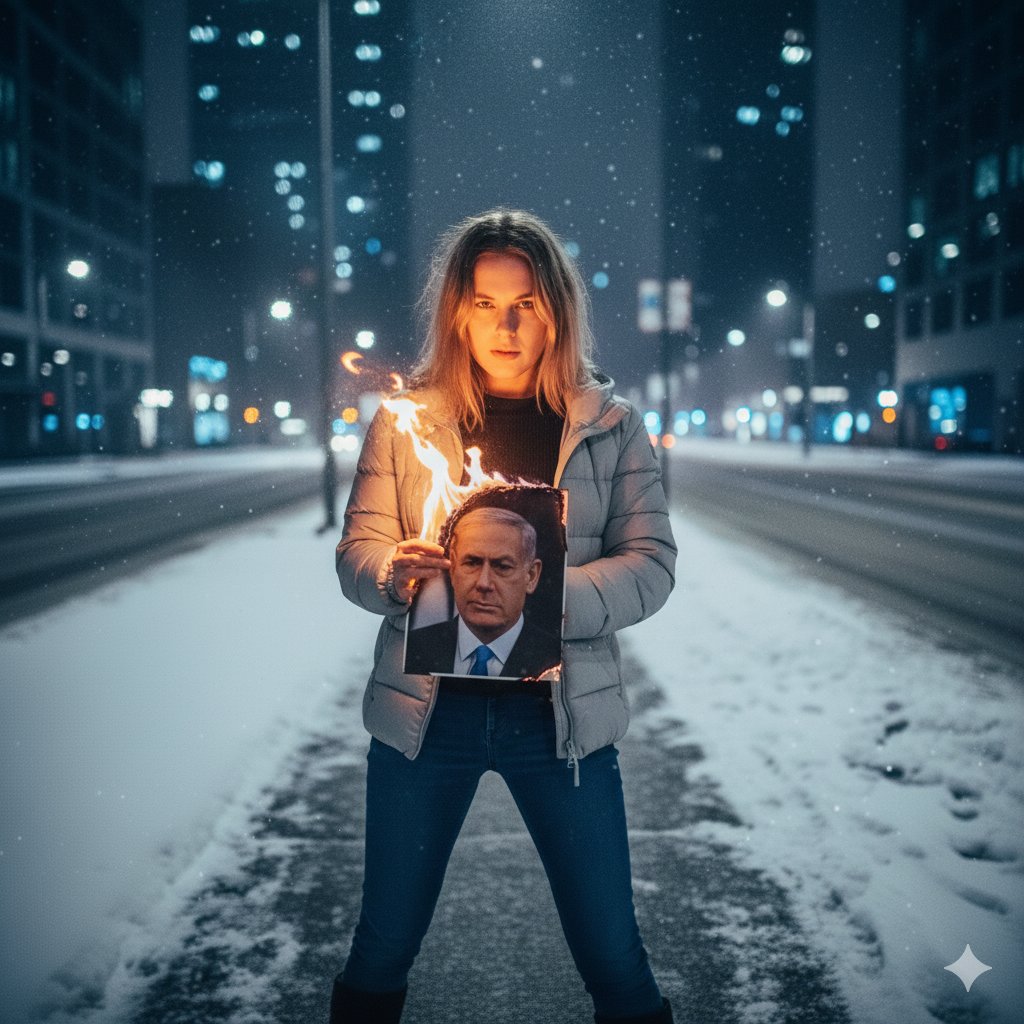 Defiant Woman Lighting Cigarette with Burning Photo — example output