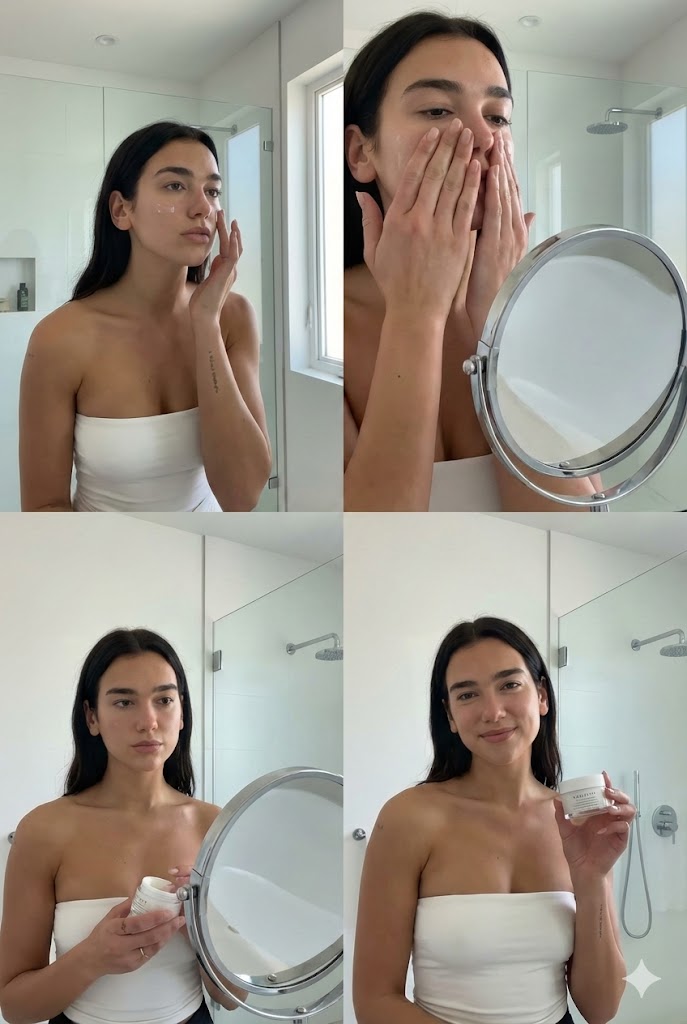 Dua Lipa Skincare Editorial Collage — example output