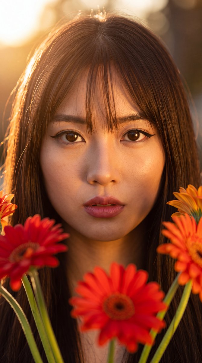 East Asian Woman with Gerbera Flowers — example output