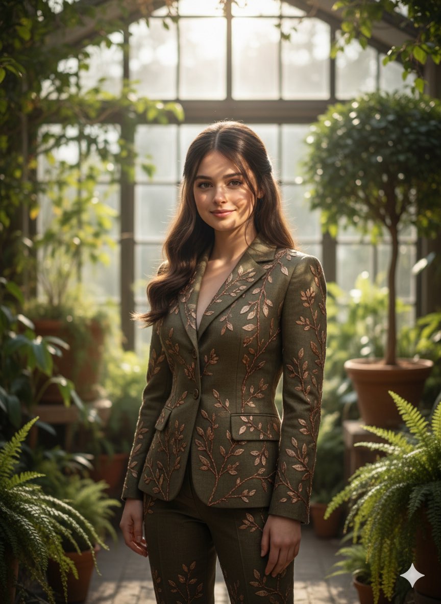 Editorial Fashion Portrait in Indoor Garden — example output