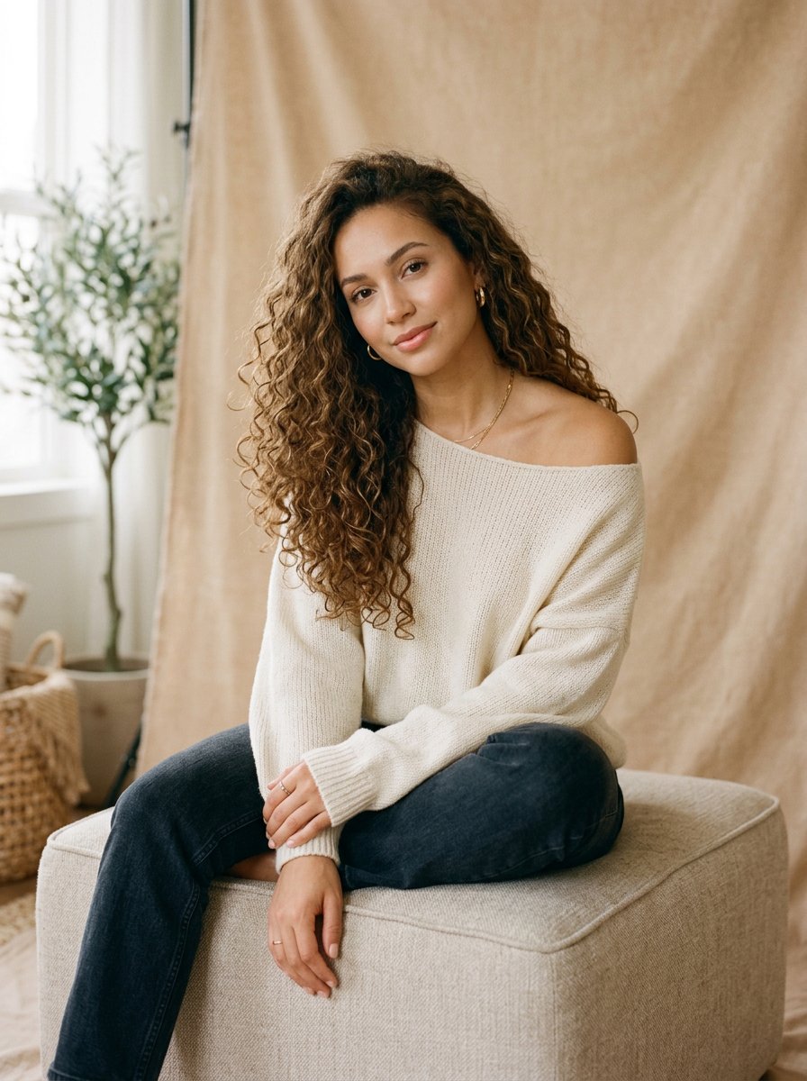 Elegant Portrait in Off-the-Shoulder Sweater — example output