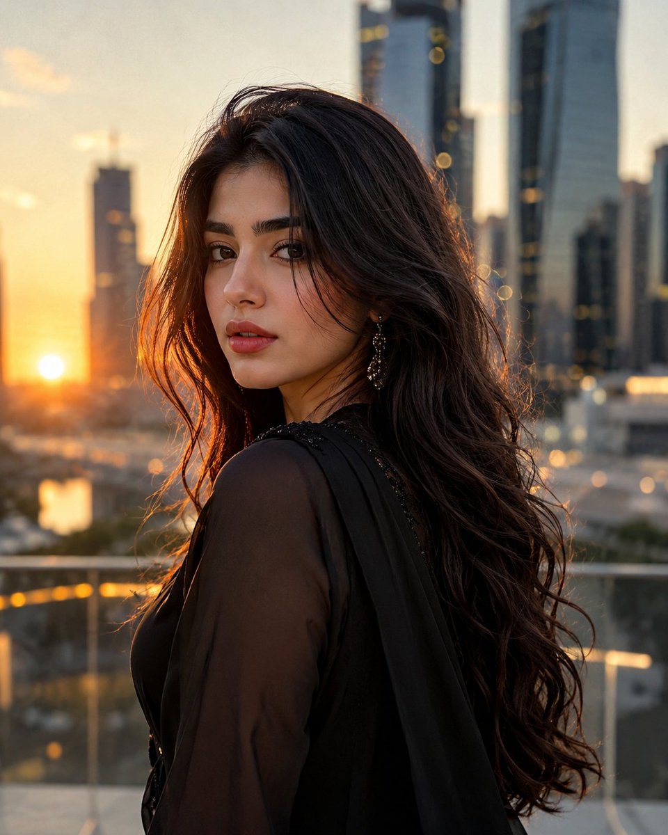Elegant Woman at Golden Hour in Modern City — example output
