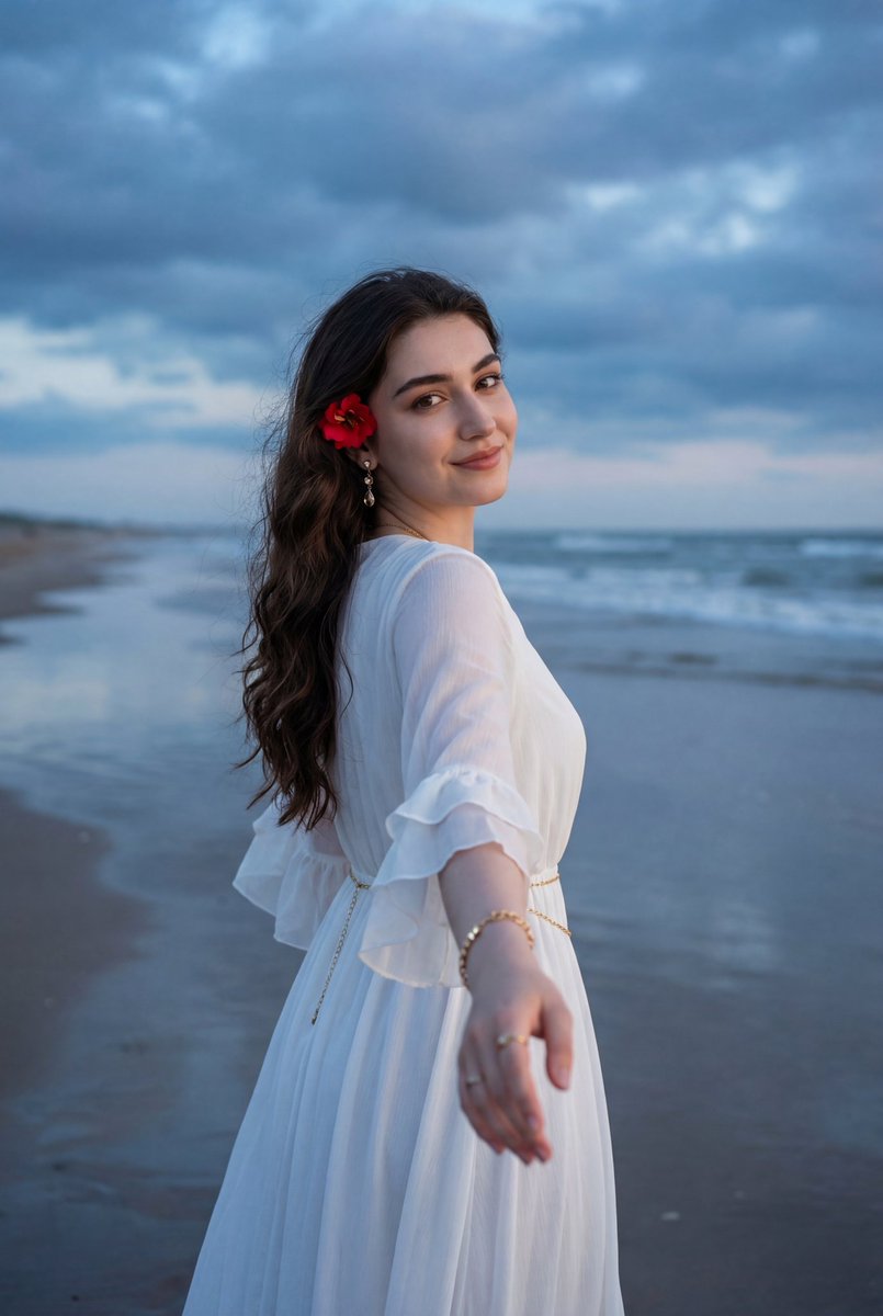 Ethereal Coastal Lifestyle Portrait at Blue Hour — example output