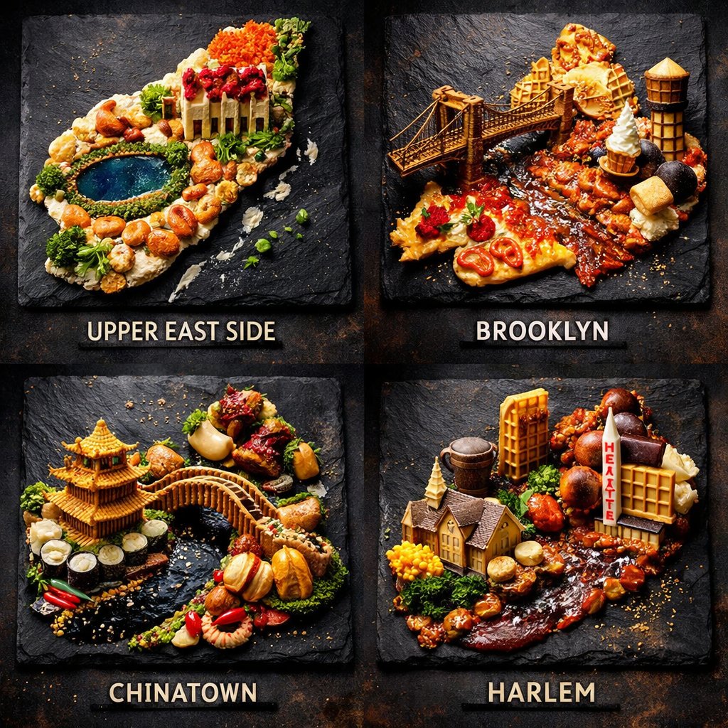 Extreme Food Art Grid of New York Neighborhoods — example output