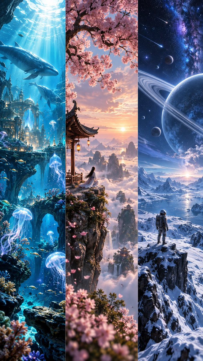 Fantasy Worlds Triptych Wallpaper — example output