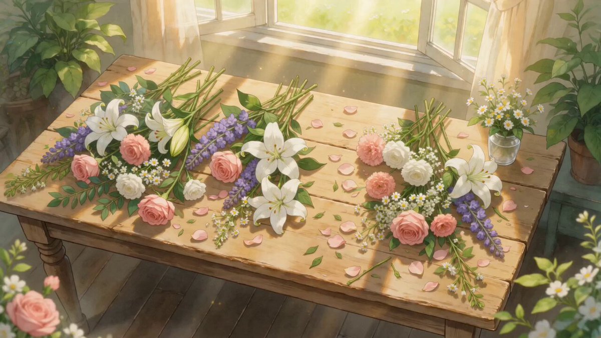 Ghibli-Style Flower Arranging Scene — example output