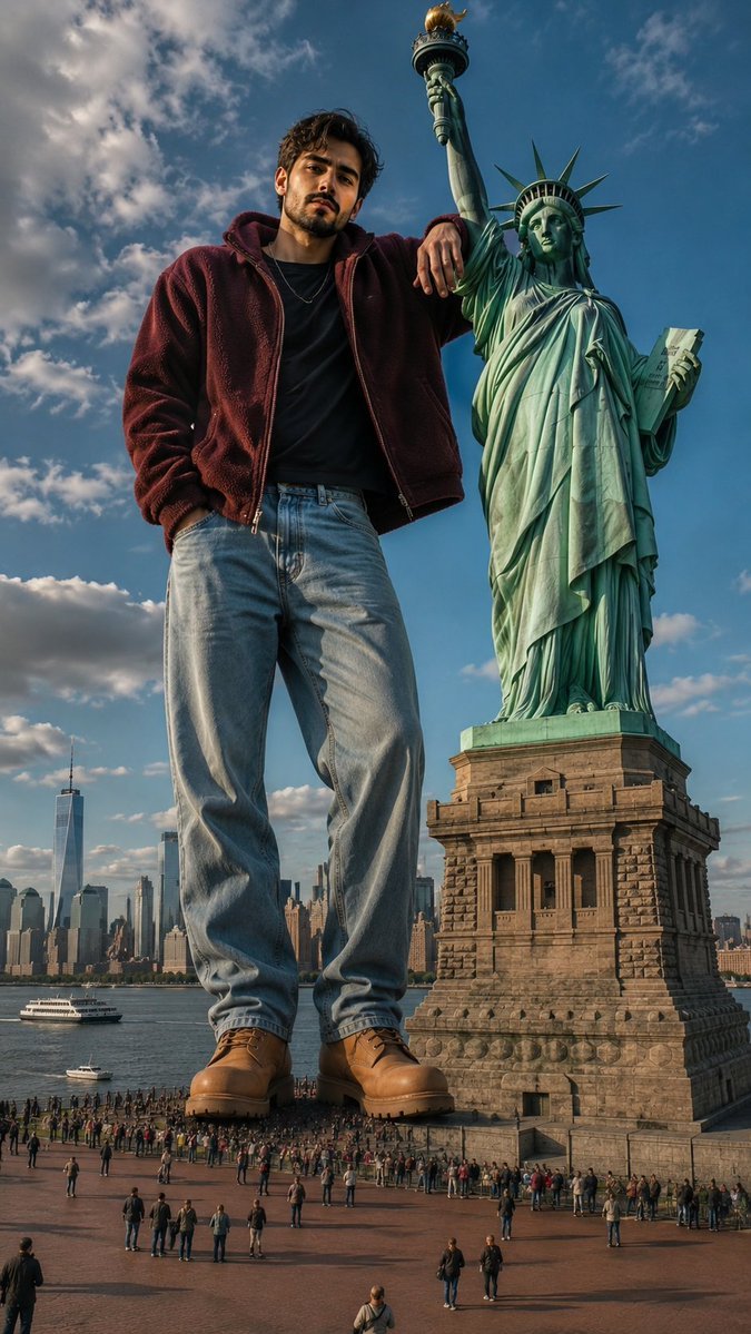 Giant Man Standing by Statue of Liberty — example output