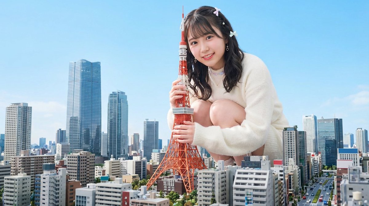 Giant person holding Tokyo Tower in a modern cityscape — example output