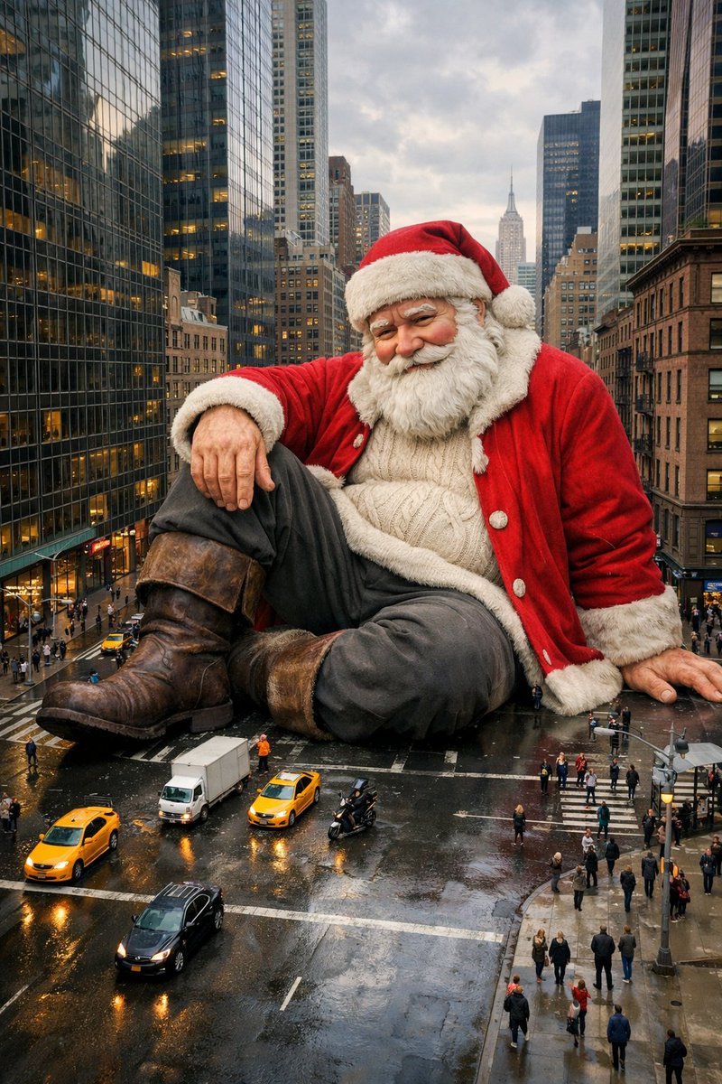 Gigantic Santa Claus on NYC Avenue (Structured Prompt) — example output