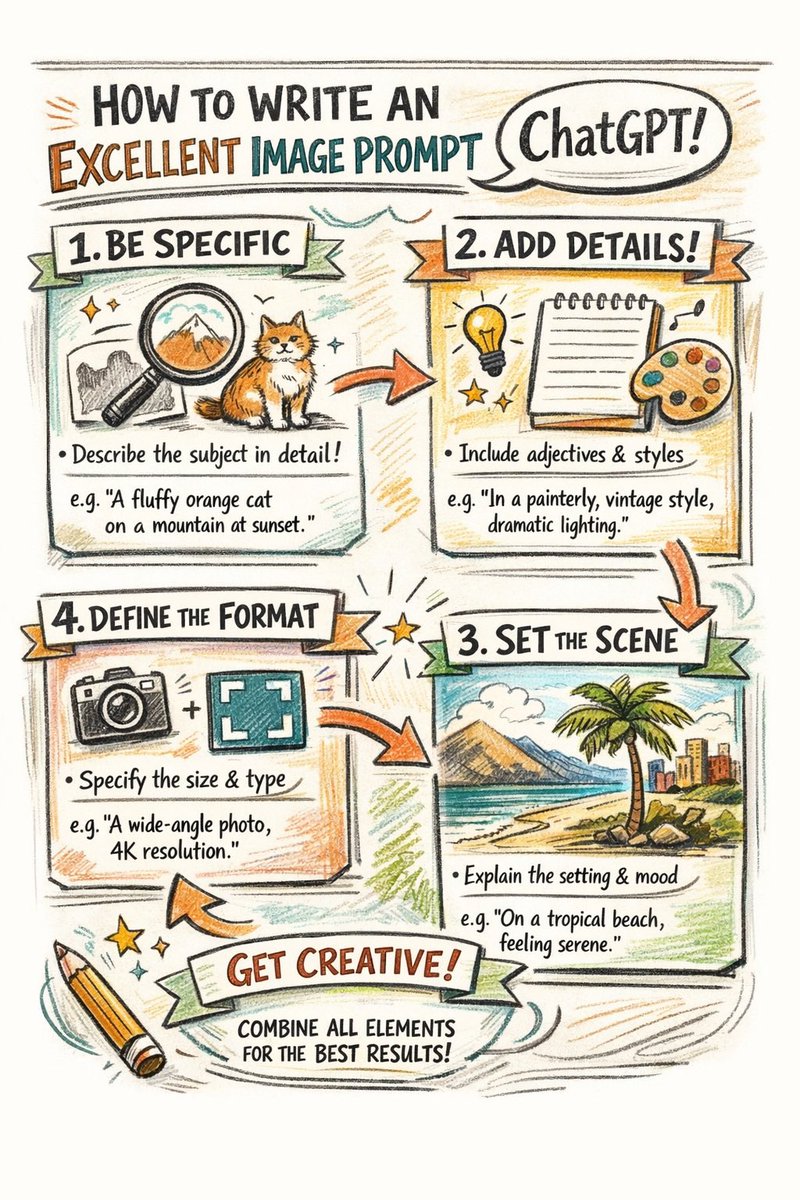 Hand-drawn infographic on writing image prompts — example output