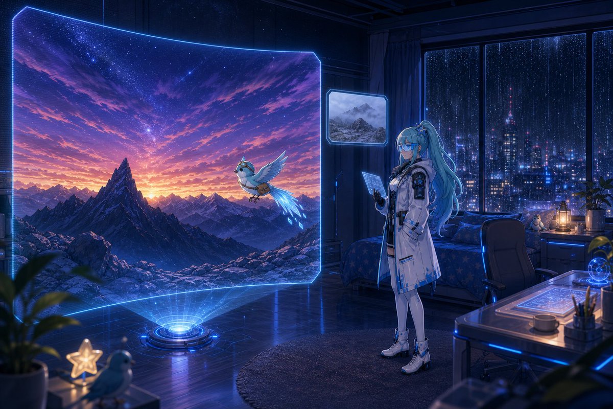 Holographic Mountain Bedroom — example output