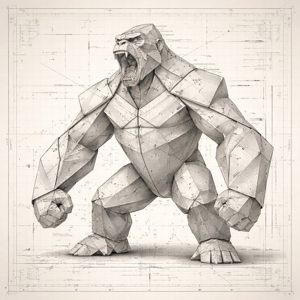 Hyper-Detailed Folded-Paper Blueprint of King Kong — example output