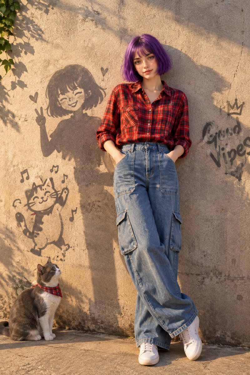 Hyper-realistic Outdoor Fashion Portrait with Cat — example output