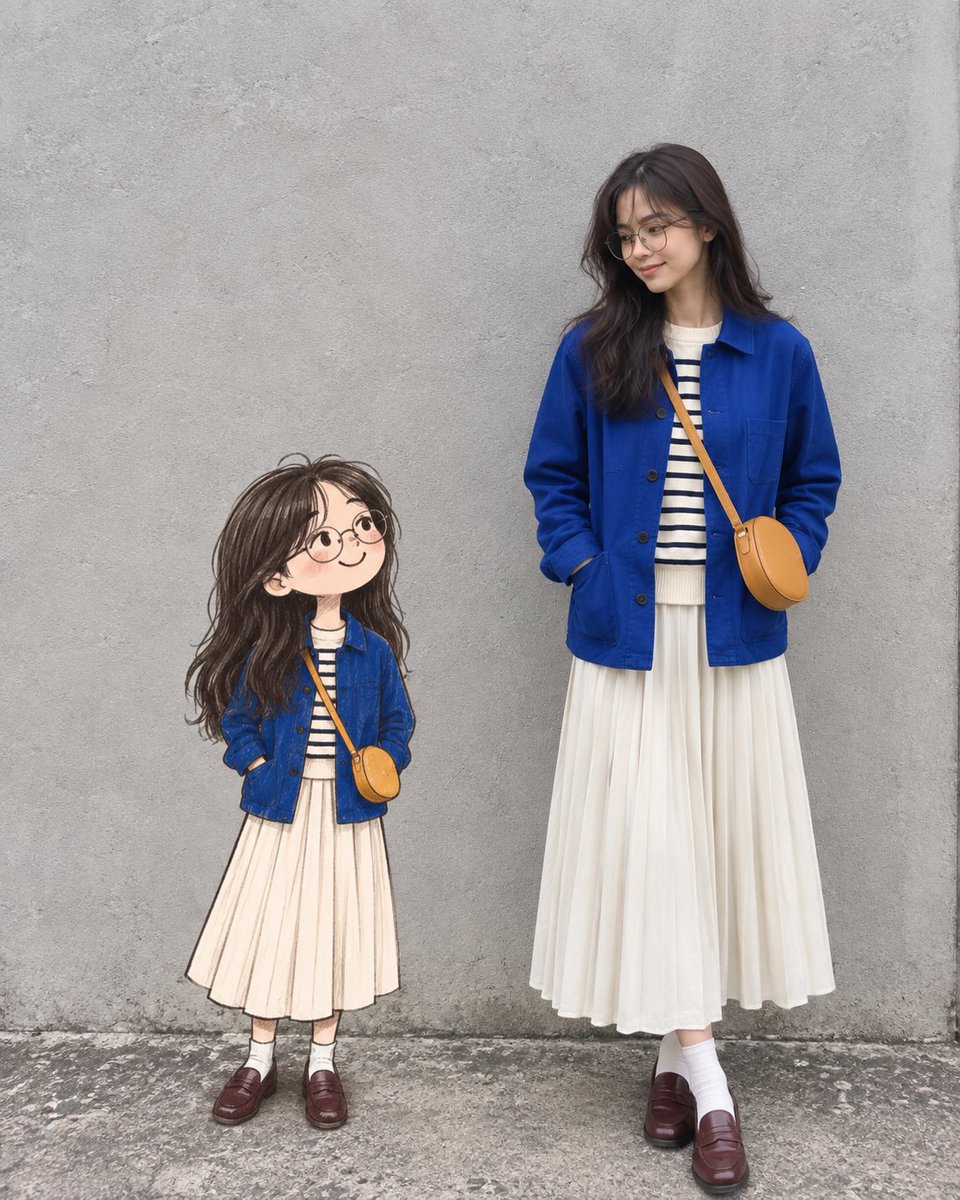 Real Woman with Illustrated Twin — example output