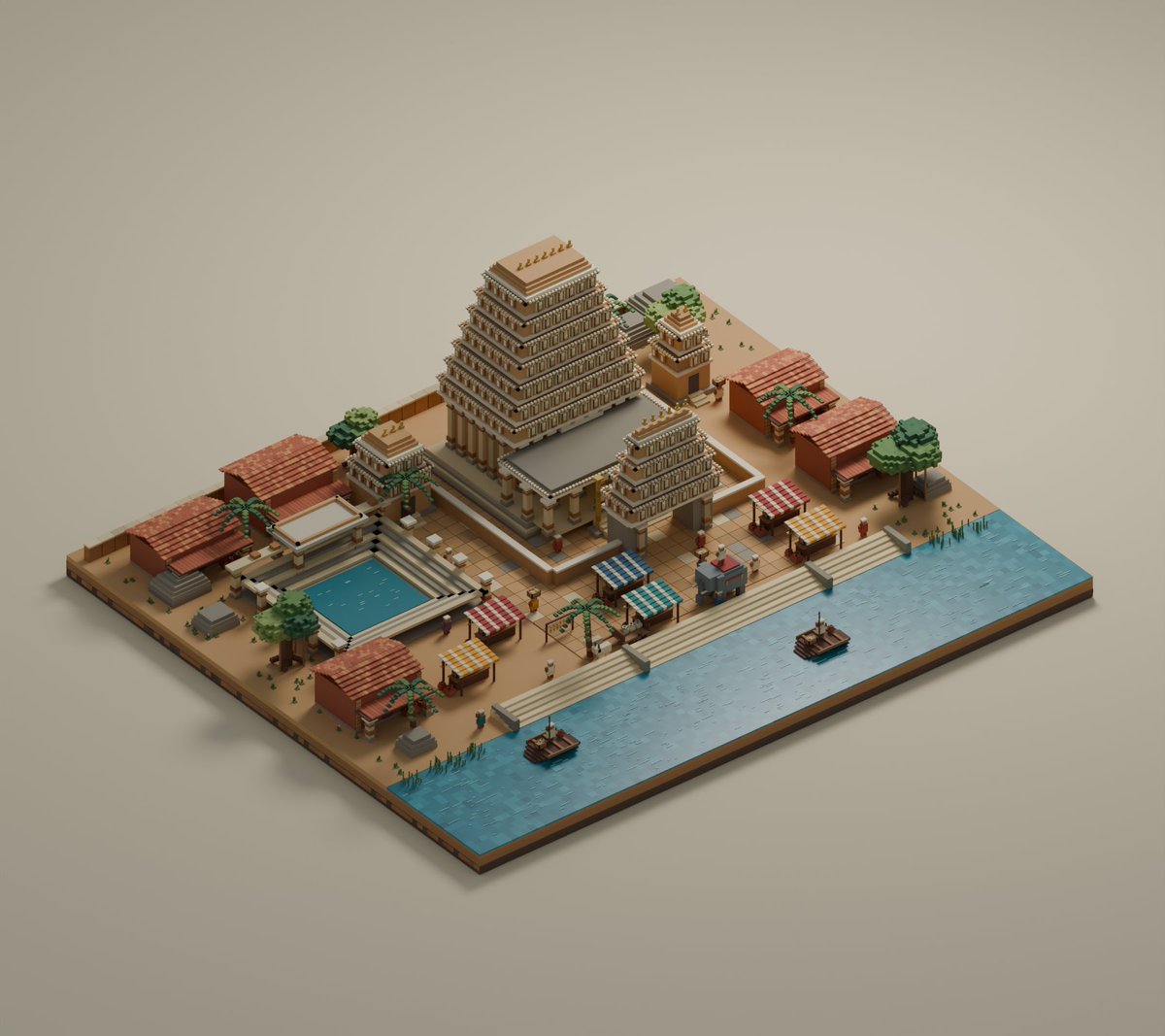 Isometric Voxel River Temple City — example output