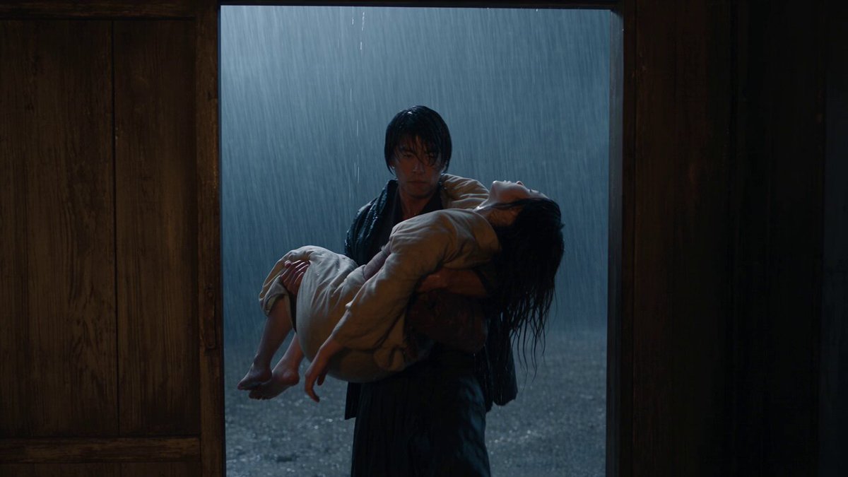 Japanese Watchtower Rain Scene Rescue — example output