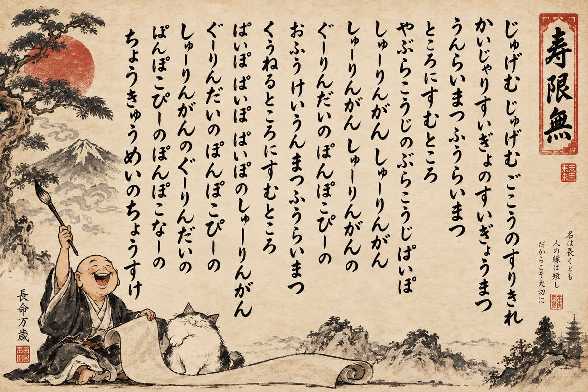 Humorous Sumi-e Jugemu Calligraphy Poster — example output