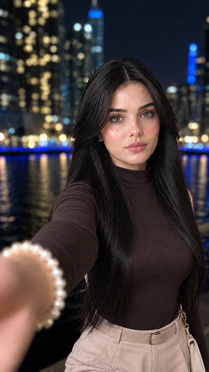 Korean Girl Nighttime City Skyline Selfie — example output