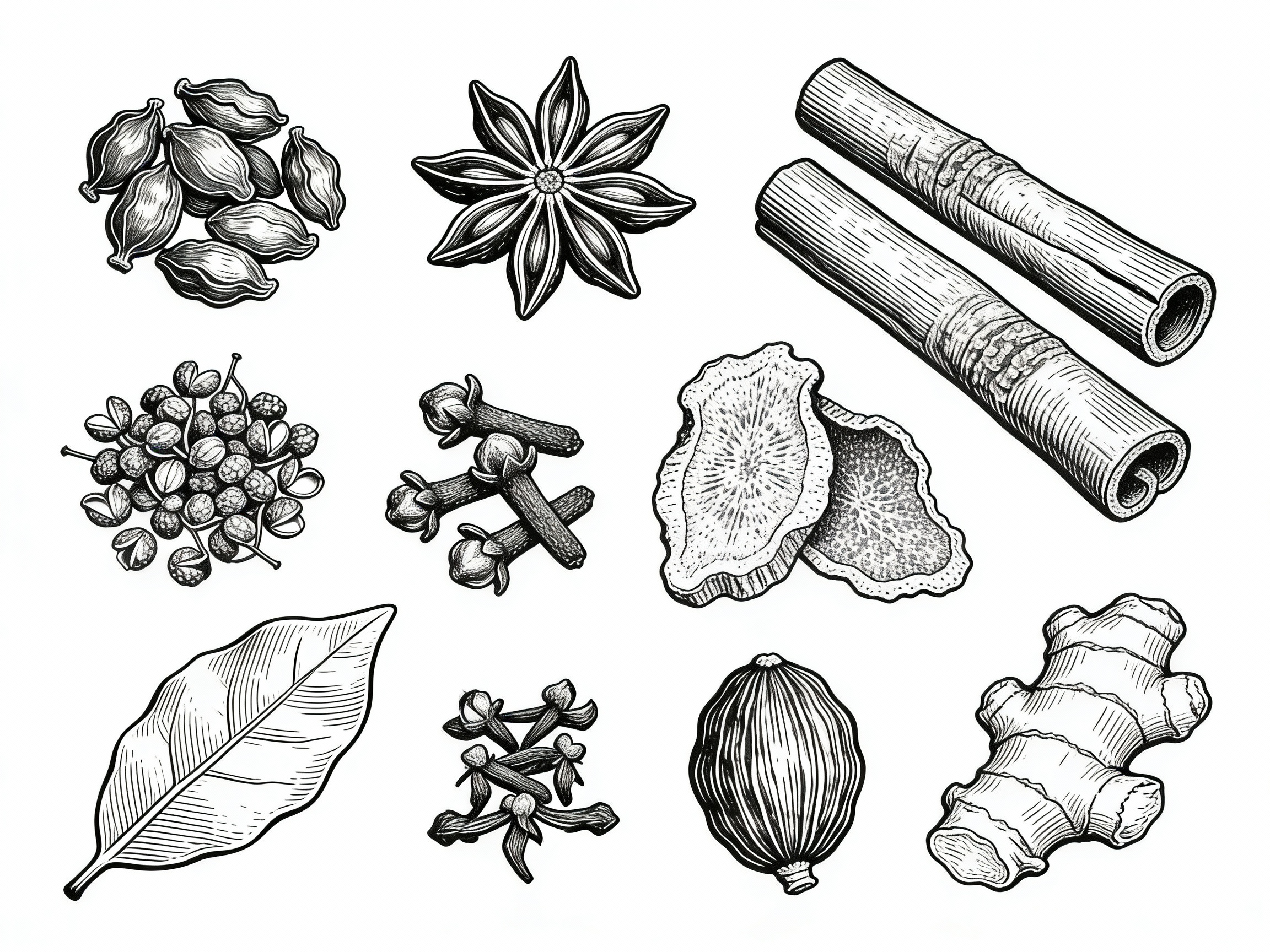 Line Art of Traditional Chinese Seasoning Herbs — example output