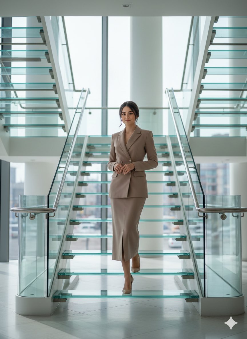 Luxury editorial portrait of a woman on a glass staircase — example output