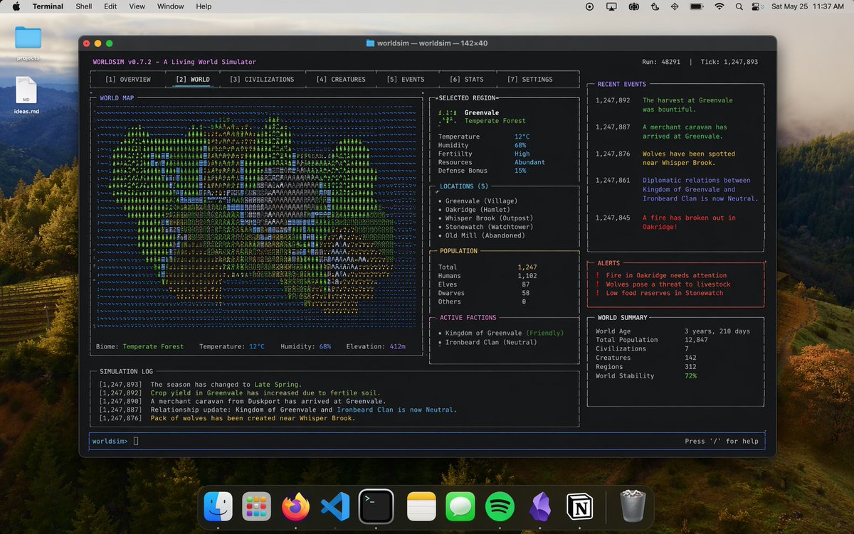 Mac Terminal World Sim UI — example output